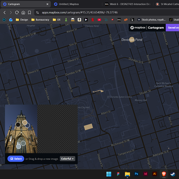 image of st michaels cathedral in toronto with it's location on the map